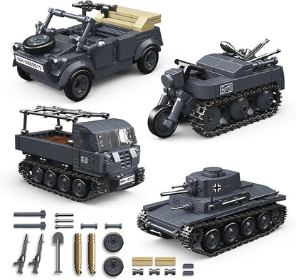 4 IN 1 WW2 Army Tanks Toy Building Block Set(1089 Pcs)Compatible with LegoCreate German 38T-A Light Tank&amp3 German Style Small Military Vehicles Models Great Military Toy Gift for Boy Age 6+ Year
