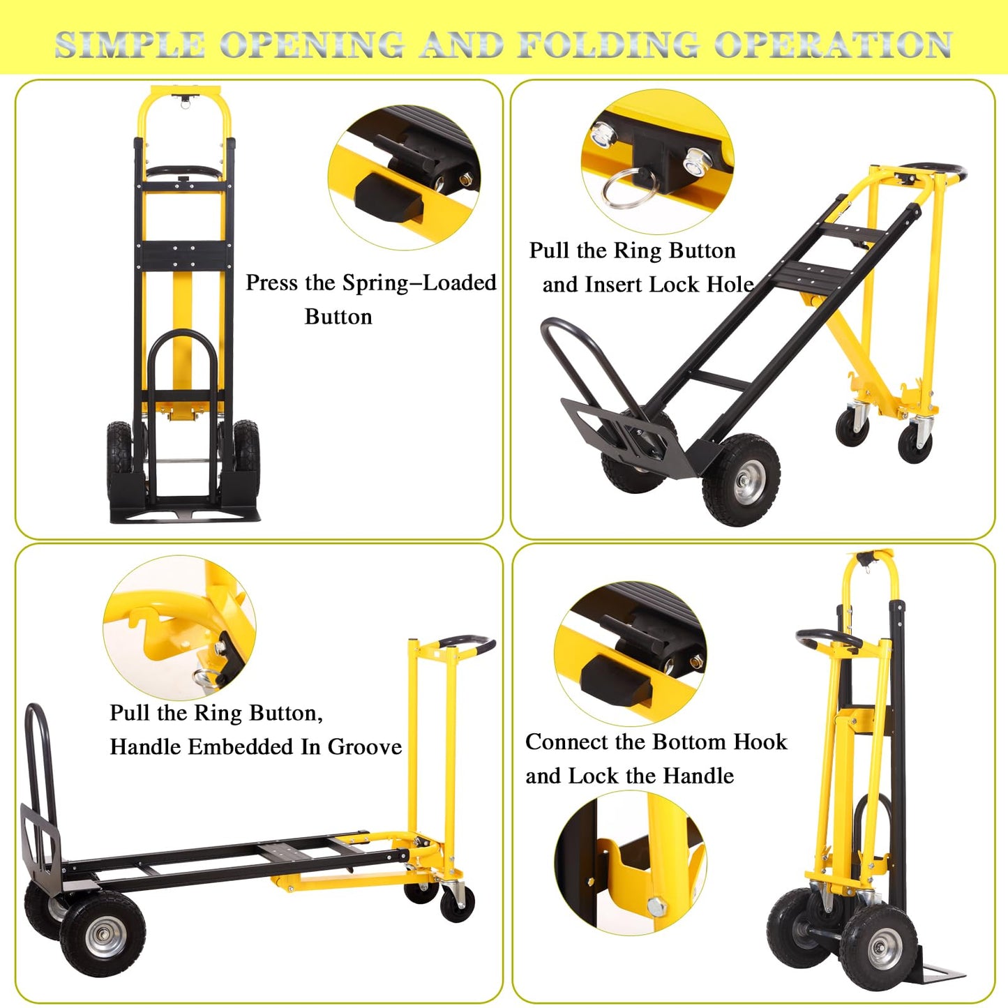 Convertible Hand Truck Dolly Cart,3-in-1 Industrial Aluminum Hand Truck,1000 Lbs Capacity Hand Trucks Heavy Duty Dolly Cart with Solid Wheels and Straps for Moving Transport (Black Yellow)