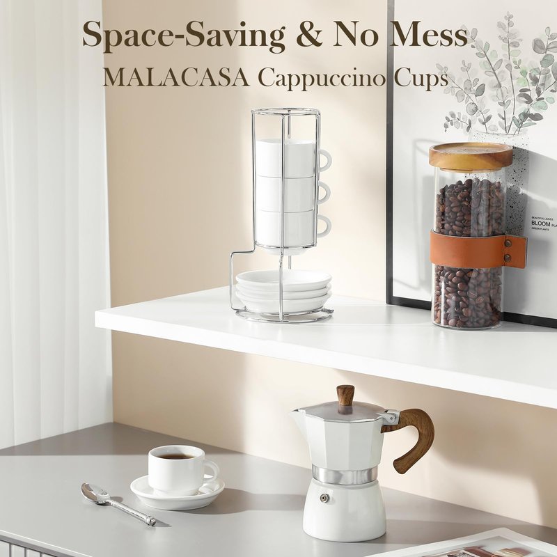 MALACASA 2.5 OZ Porcelain Espresso Cups with Saucers and Metal Stand Set of 4, Stackable Cappuccino Cups, White Expresso Shots Cup Set for Coffee Drinks, Latte, Tea