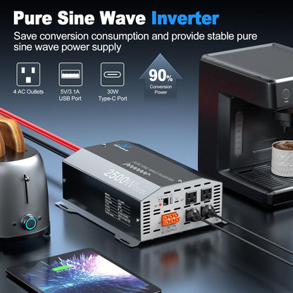 2500W Pure Sine Wave Inverter 48V DC to 110V/120V AC Converter, 5000W Peak, High-Efficiency Off-Grid Solar Power Inverter, 4 AC Outlets, USB & Type-C, LCD Remote Control