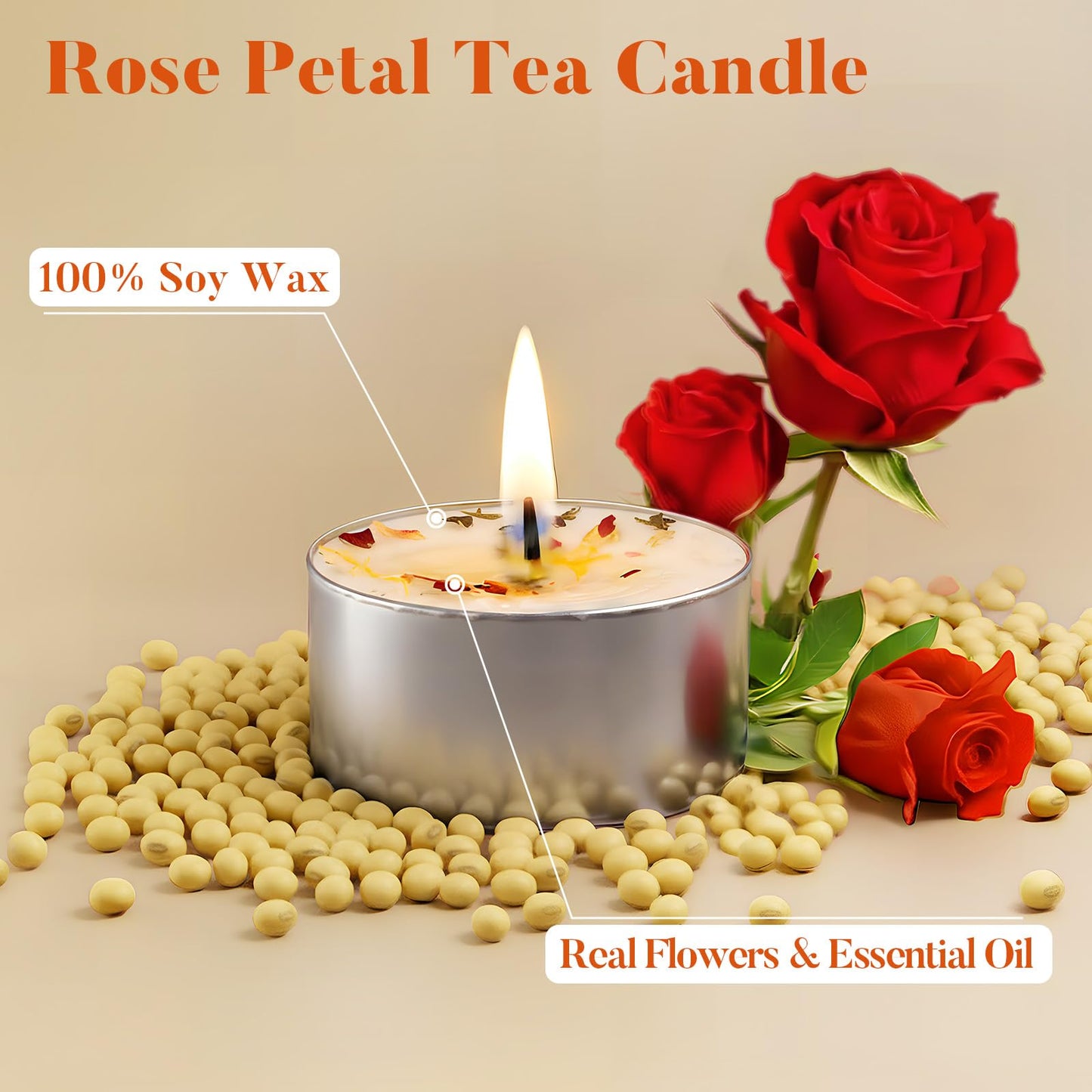 Crenovo Rose Scented Tealight Candles 16 Pcs, 6-7 Hours Soy Tea Lights Candles with Dried Flower Petals, Non-Toxic Smokeless Small Candles Bulk for Weddings, Home Decor, Spa