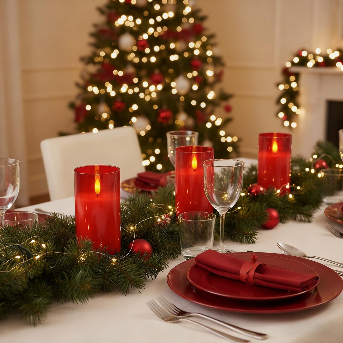 Amagic Christmas Glass Flameless Candles with Remote, Real Wax Pillar Candles Batter Operated with Timer, Red LED Fake Candle for Thanksgiving Decor, Set of 3, D3 xH4 5" 6"
