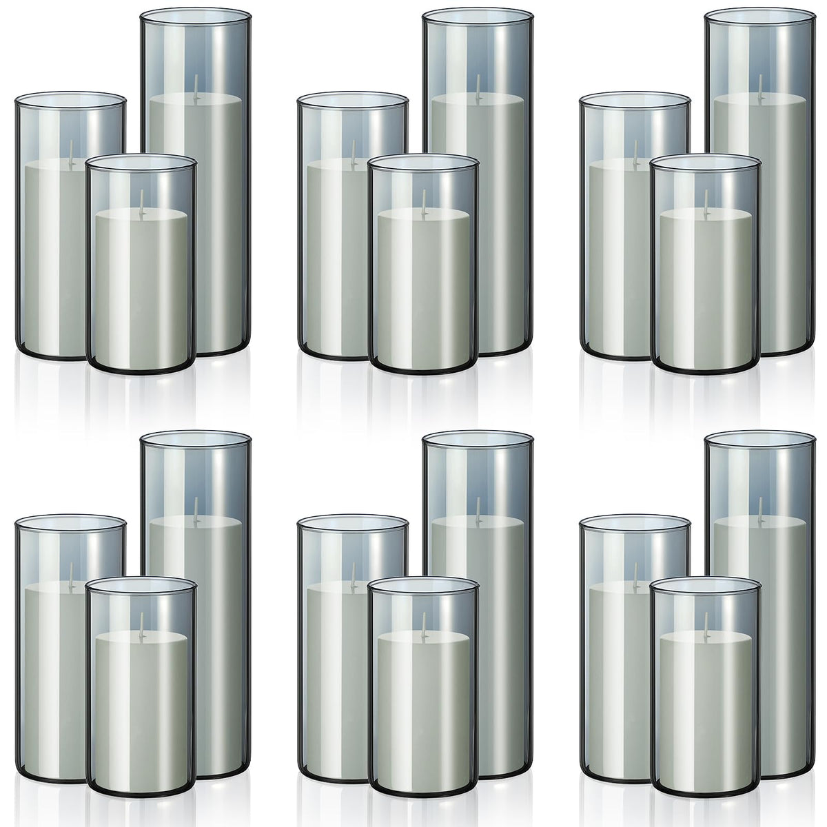 Shihanee 36 Pcs Pillar Candles and Glass Cylinder Vases Tall Cylinder Holders for Pillar Candles Wedding Centerpieces, Total 18 Sets(2.6'' X 4.7'', 5.9'', 7.9'',Smoke Gray,White)
