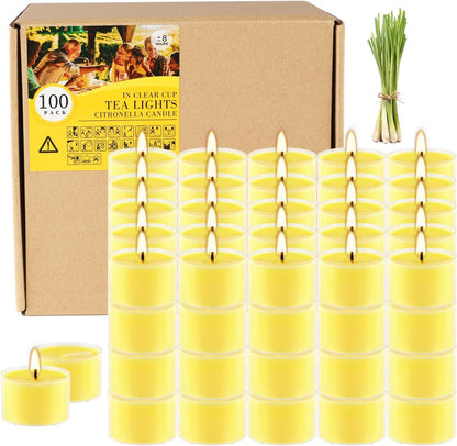 100 Pack Clear Tea Lights Candles Bulk, Summer Citronella Candle Outdoor and Indoor, for Birthday Emergency Home Garden(8 Hour, Yellow)