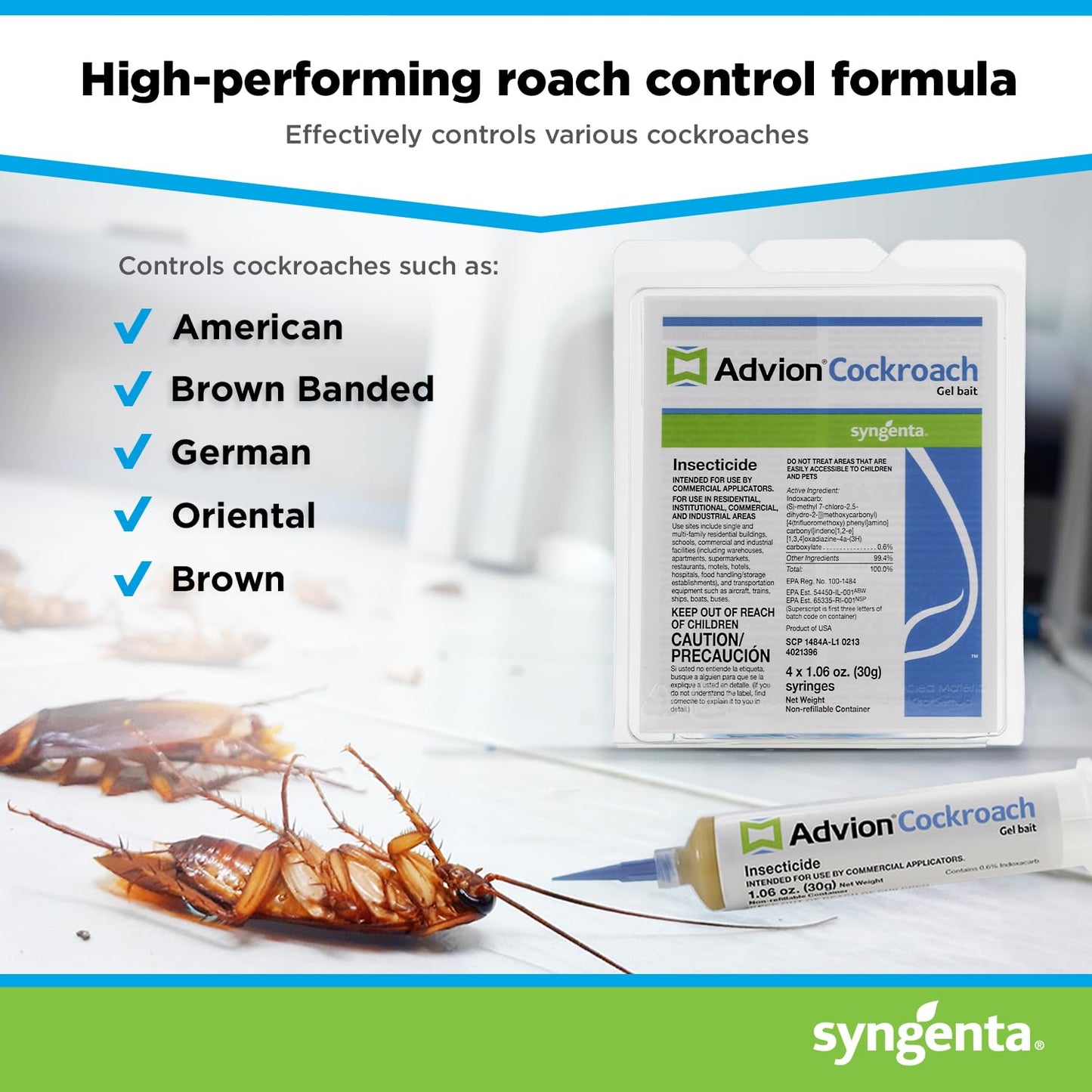 Advion Cockroach Gel Bait, 4 Tubes x 30-Grams, 1 Plunger and 2 Tips, German Roach Insect Pest Control, Indoor and Outdoor Use, Roach Killer Gel for American, German and Other Major Cockroach Species