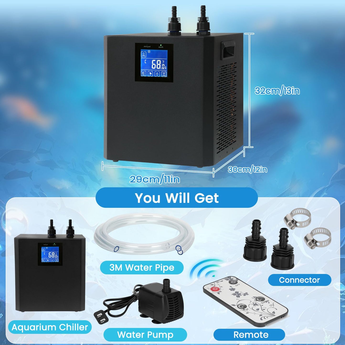 Aquarium Chiller 79 Gal, 1/3 HP Water Chiller Machine, Hydroponic Cooling System, Fish Tank Chiller with Upgraded LED display, for Axolotl Jellyfish