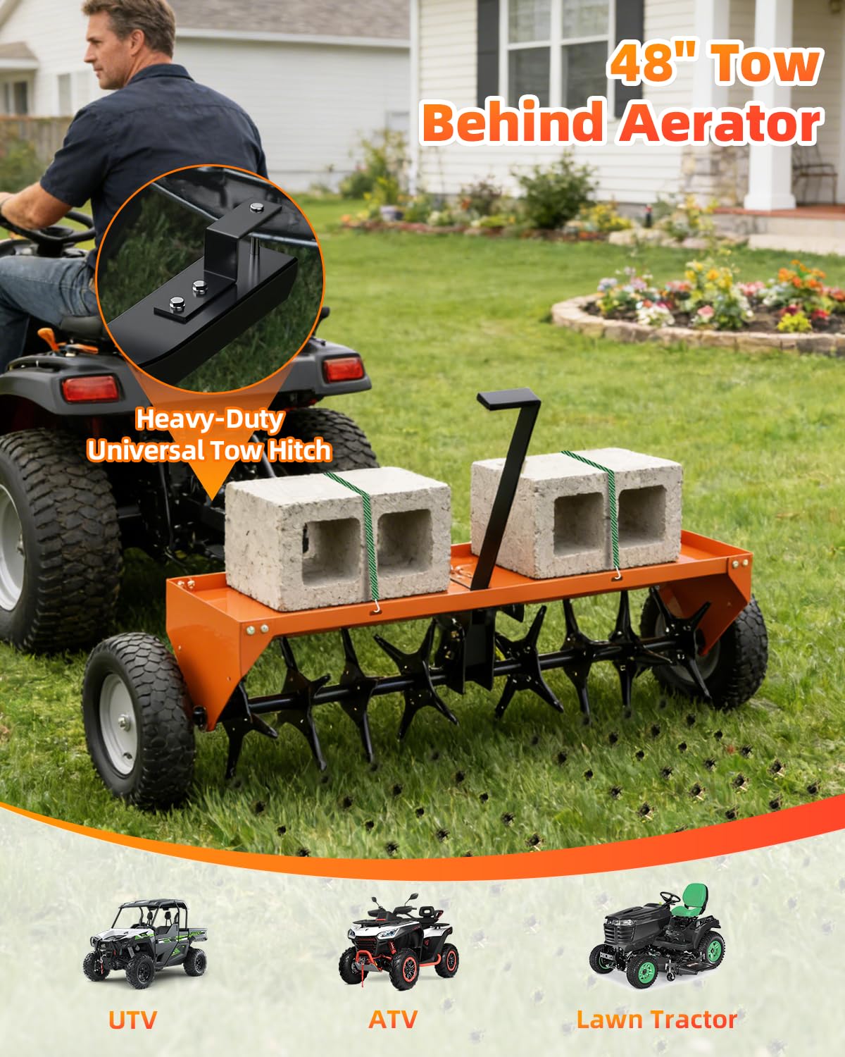 48" Tow Behind Aerator, Pull Behind Lawn Aerator Tool with Universal Hich, 32 Rust-Proof Knives & Heavy-Duty Tires, Plug Aerator for Yard & Garden Compacted Soil, Fits Lawn Tractors, ATV, UTV, Orange