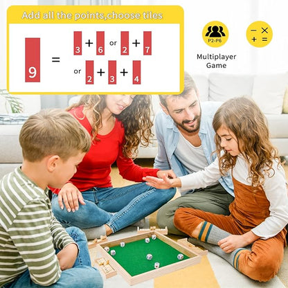Upgraded 1-6 Players Shut The Box Dice Game with 12 Dice Wooden Classic Board Games Traditional Table Math Game Tabletop Math Dice Game for Pub Bar Home Classroom Party