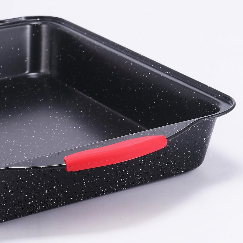 Anveena 3-Piece Nonstick Kitchen Oven Baking Pans - Premium & Stylish Non-Stick Steel, Commercial Grade Restaurant Quality Metal Bakeware with Red Silicone Handles - Easy to Clean black