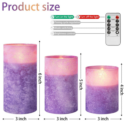 ANGELLOONG Purple LED Candles for Home Decor, Glass Flameless Candles with Remote, Set of 3 Battery Operated Pillar Candle for Fall Halloween Decoration