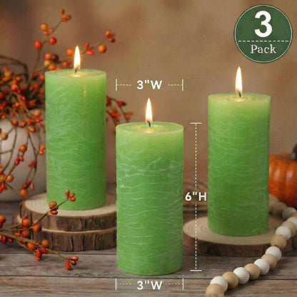 Richland Set of 3 Pillar Candles 3" x 6" Unscented (Green Rustic) for Weddings Home Holidays Relaxation Spa Church