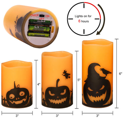 GenSwin Halloween Pumpin Flameless Candles, LED Battery Operated Pillar Pumpkin Candles with 6H Timer, 3 Pack LED Flickering Candles for Fall Spooky Halloween Decoration(D3 xH4 5" 6")