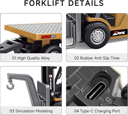 BRRRRT 1/64 Full Proportional RC Forklift Toy8 Channel 2 Mode Mini Remote Control Forklift Truck with Flatbed Tow Truck2 in 1 Transformable Lift Fork &amp Hook with Rechargeable Battery for 4+ Kids