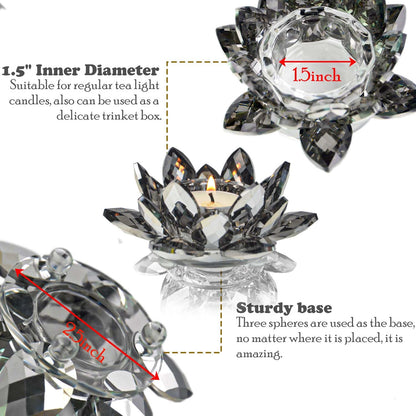 Lotus Black Crystal Tea Candle Holder Crystal Wishing Tealight Candlestick Stand Exquisite Desktop Decoration Holiday Celebration Wedding Restaurant Party Atmosphere Decoration (4 Pcs, Dark Grey)