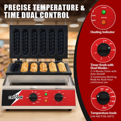 CROSSON Commercial 6PCS Waffle Stick Maker, Non-Stick Triple-Layer Coating Corn Hot Dog Waffle Iron W/ 140-480℉ Temp Range and 5 Minutes Timer, Machine for Restaurant Bakery Snack Bar-120V/1600W