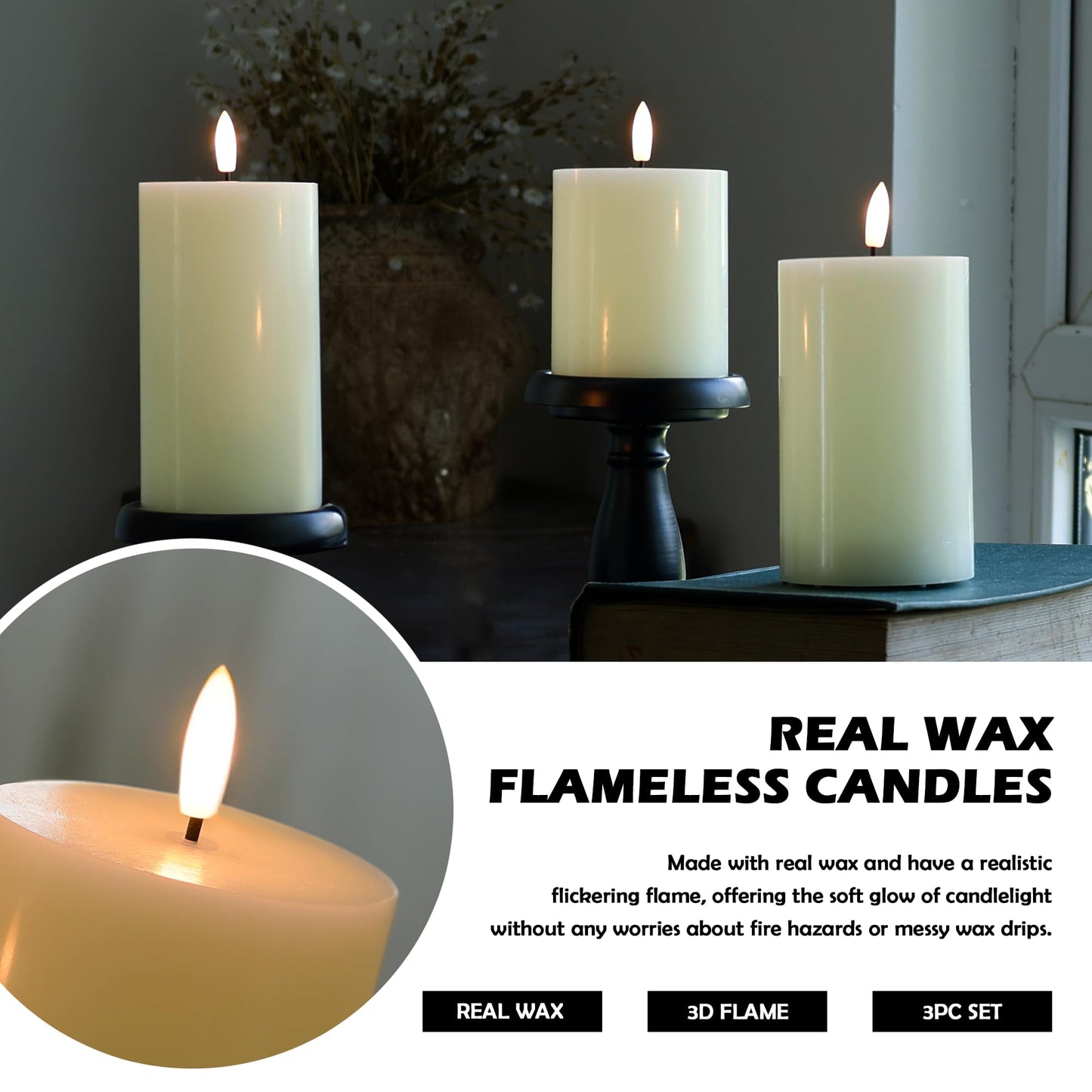 JOIONE Flameless Pillar Candles with Remote, 3 Pack Battery Operated Real Wax LED Candles, Perfect for Home Decorations Fireplace Table, Ivory
