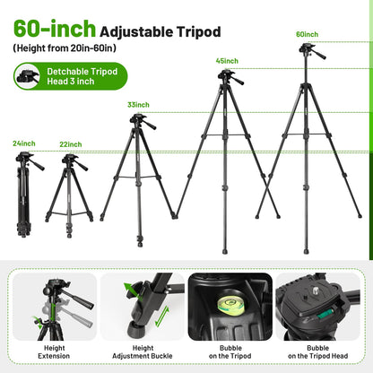 Laser Level with Tripod 60 Inch, Huepar Self Leveling Laser Level with 2 Plumb Dots -Green Cross Line Laser Leveler Tool with 360° Horizontal and 140° Vertical Line for Construction & Home Use 621CGT