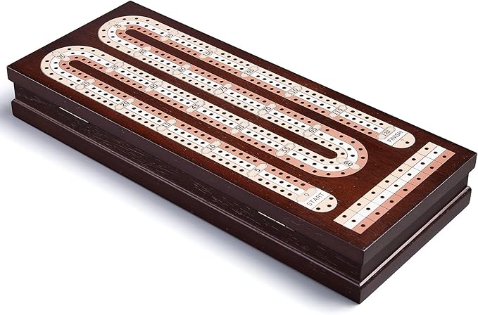 AMEROUS Wooden Cribbage Board Game Set with Magnetic Lock / 9 Metal Pegs / 2 Decks of Playing Cards/Larger Storage Area/Instruction Classic Tabletop Game for Family (3 Track Board)
