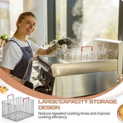 Sawysine Stainless Steel Pasta Basket, 16 Inch Large Rectangle Pasta Boil & Strainer Basket for Kitchen, Commercial Collander with Insulated Red Handle and Drain Hook