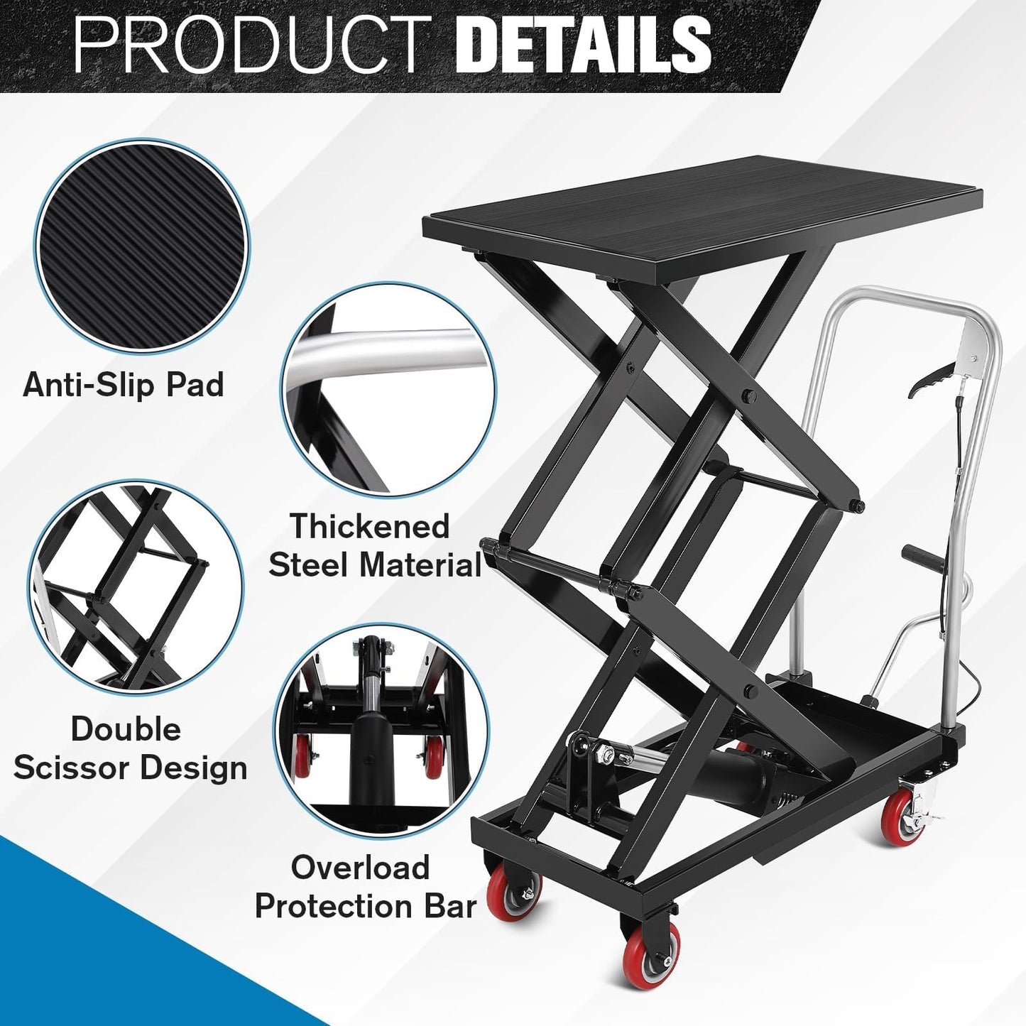 Garvee Hydraulic Lift Table Cart, 770 LBS Capacity 50 in Lifting Height, Double Scissor Lift Table with 4 Wheels and Non-Slip Pad for Material Handling and Transportation, Black