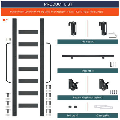 HARDJULAN 87" Telescopic Sliding Library Ladder with Handrail – Lightweight Aluminum Rolling Ladder with Braking Wheels, 4FT Hook Ladder Track Kit for Home, Loft, and Bookshelves