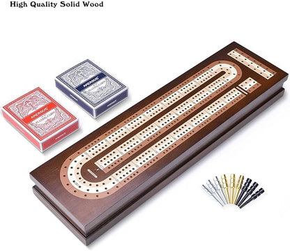 AMEROUS Wooden Cribbage Board Game Set with Magnetic Lock - Metal Pegs - 2 Playing Cards - Continuous 3 Track Board - Larger Storage Area Travel Portable Cribbage Game Sets for Family