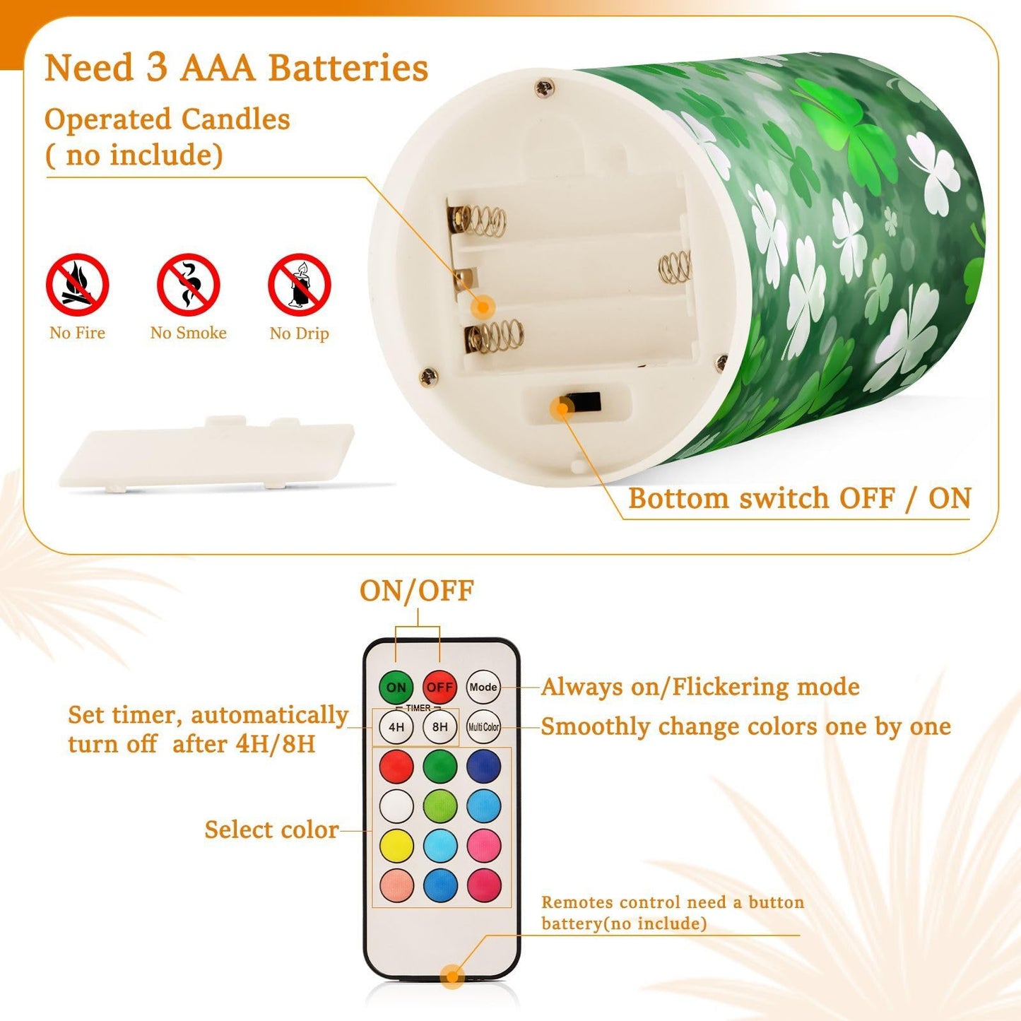 St. Patrick's Day Lights Flameless Candles St Patrick Day White Leaves Pillar Candles Set of 2 Battery Operated Remote Control Warm Lights Home Decor
