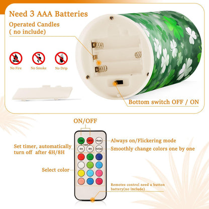 St. Patrick's Day Lights Flameless Candles St Patrick Day White Leaves Pillar Candles Set of 2 Battery Operated Remote Control Warm Lights Home Decor