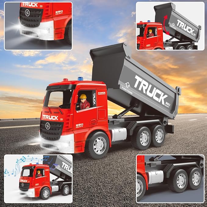 Remote Control Excavator and Dump Truck Toy Set - RC Excavator and Dump Truck with Lights and Sounds - Rechargable Digger Car Construction Vehicles Toy Set Gifts for Boys Kids