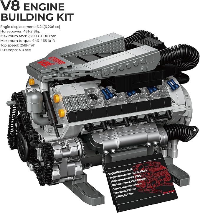 V8 Engine Model Kit That Runs MOC Collectible Mini V8 Engine Building Set with Motor Home Office Decor Ideal Gift for 14+ and Adults Compatible with Lego Set (931 PCS)