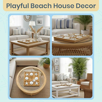 Starfish Tic Tac Toe Game - 9 x 9 - Beach Tic Tac Toe Game - Coastal Beach House Coffee Table Game Board - Tic Tac Toe Decor - Beach House Games - White Starfish &amp Sand Dollars