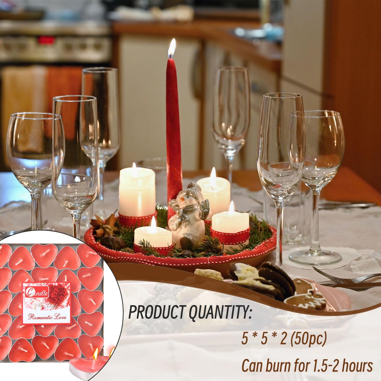 Heart Shaped Tealight Candles 50 Packs,25 * 2 Layers Romantic Love Unscented mokeless for Dinner Home Wedding (Red)