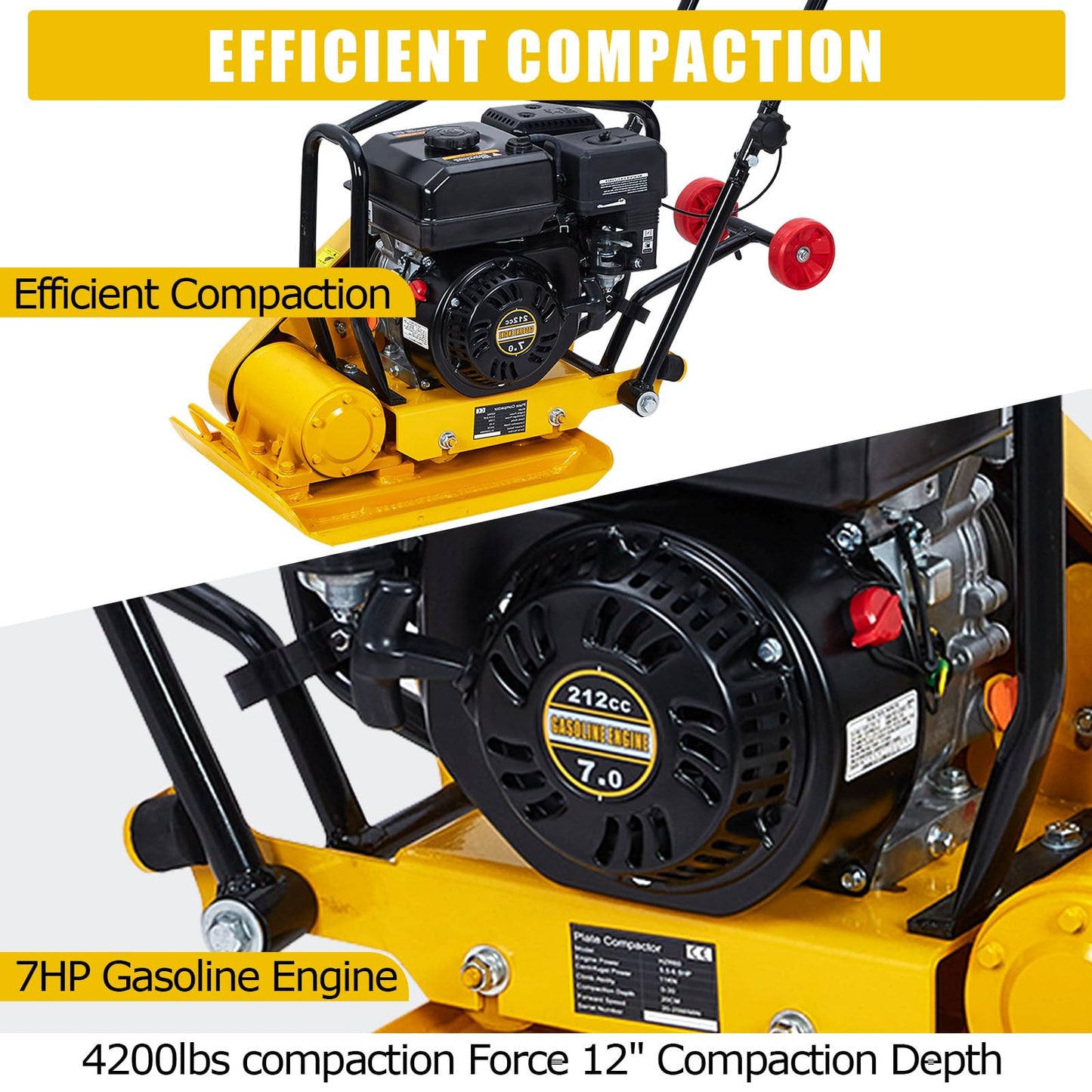 7HP Plate Compactor Rammer,212cc Gas Engine 5600 VPM Soil Compactor, 4200 lbs Compaction Force, 22.1 x 15.9 inch Plate Ground Compactors, Concrete Tools for Paving Landscaping Sidewalk Patio(Yellow)