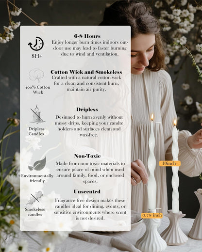 10 Inch White Taper Candles-Spiral Tapered Candle Smokeless Candlestick Long Slow Burning 8 Hours Tall Sticks for Christmas Wedding Dinner Parties-4Pack
