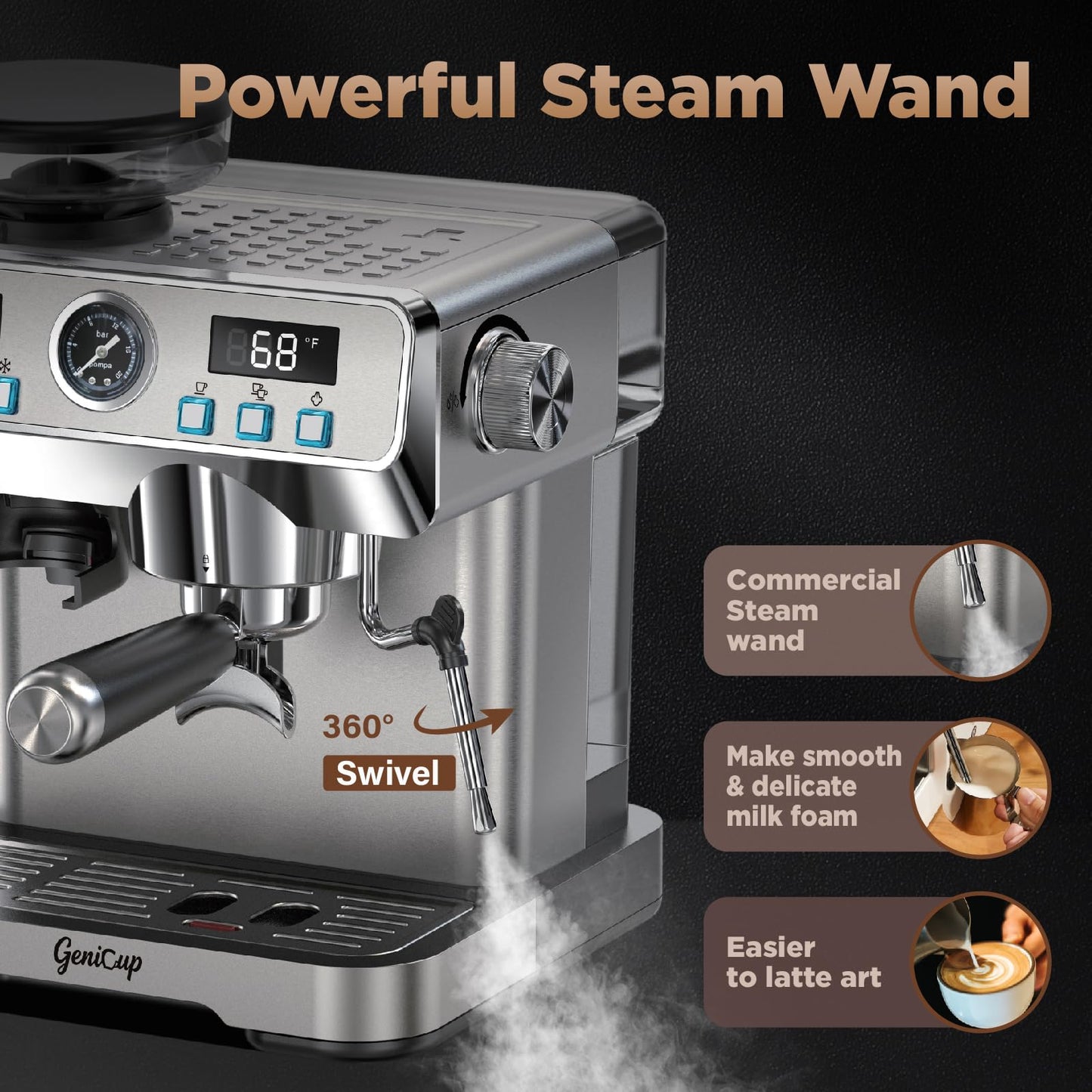 GeniCup Espresso Machine with Grinder 20 Bar Professional Expresso Coffee Machines for Home Customizable 194℉-203℉ Temp Control Espresso Maker with 68oz Water Tank All-in-One Coffee Maker Cold Brew