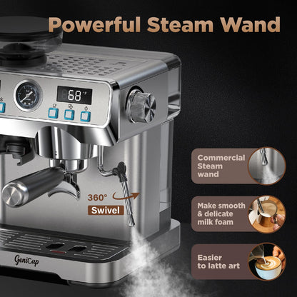 GeniCup Espresso Machine with Grinder 20 Bar Professional Expresso Coffee Machines for Home Customizable 194℉-203℉ Temp Control Espresso Maker with 68oz Water Tank All-in-One Coffee Maker Cold Brew