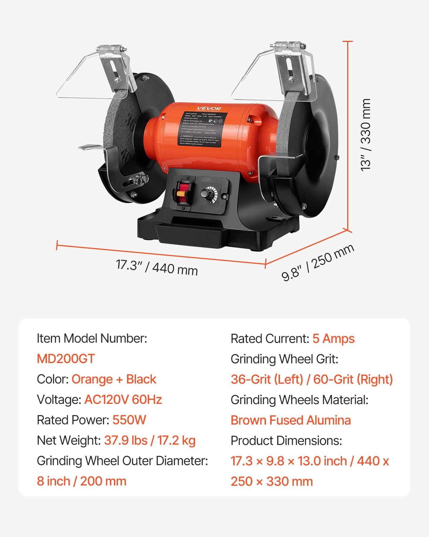 VEVOR Bench Grinder, 8-inch Variable Speed Bench Grinder, 2000-3450RPM Table Grinders with 550W 5.0A 3/4Hp Induction Motor, 36/60-Grit Grinding Wheel & Adjustable Eye Shield for Sharpening Grinding