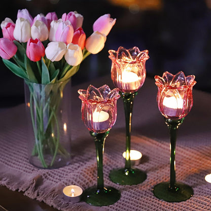 VOHO Pink Tulips Candle Holder, Romantic Pink Flower Votive Candle Holders for Wedding Bridal Shower Decorations, Tall Tealight Candle Holder Decor for Centerpiece Table(Set of3)