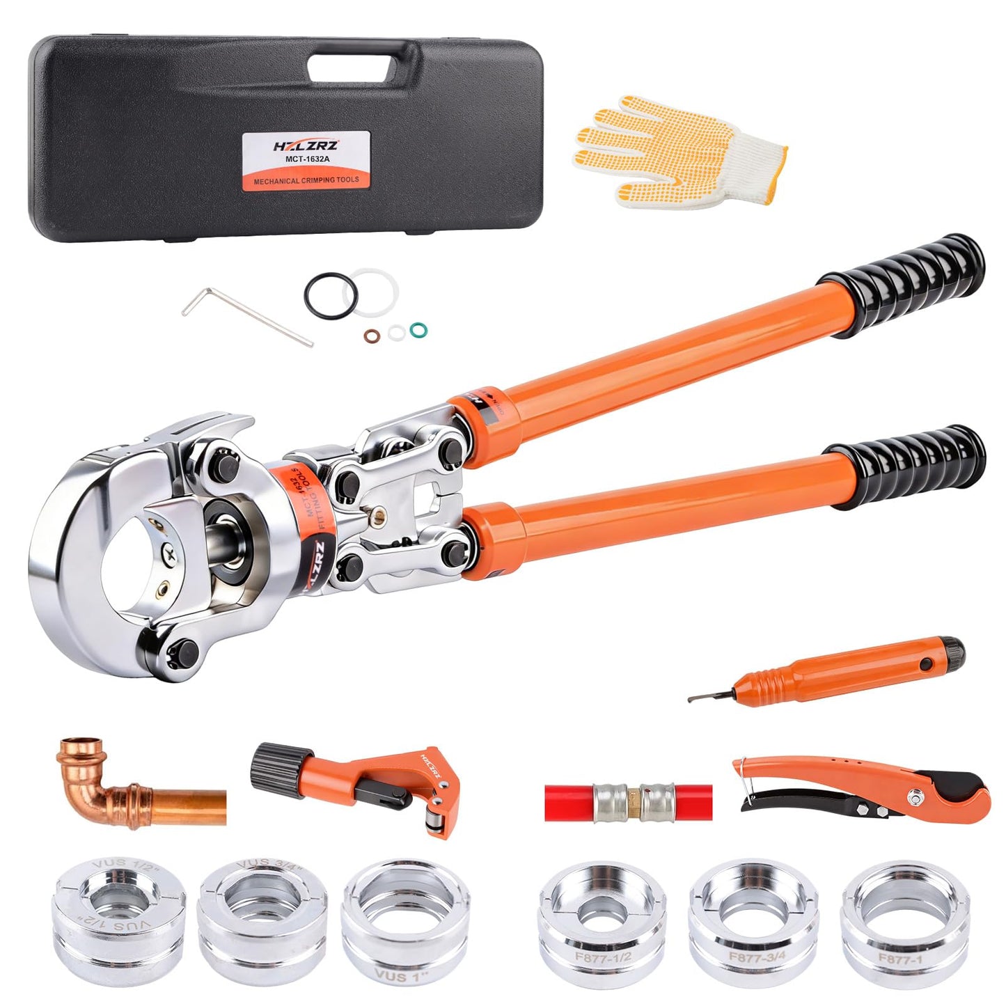 HZLZRZ Copper Pipe and F877 Stainless PEX Crimper Tool, 6-Die Pro Press Kit for 1/2" 3/4" 1" with Pipe Cutter, Dual-Use Handheld Crimping Tool for Plumbing (MCT-1632A)