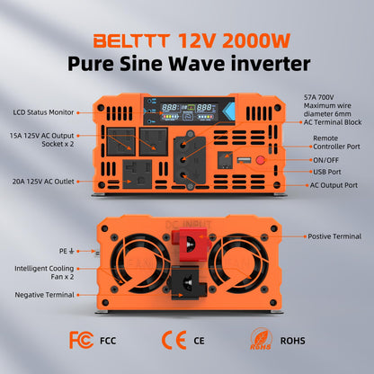 BELTTT 2000W Pure Sine Wave Inverter, Inverter 12V DC to 120V AC for Solar, RV, Truck, Outdoor, Power Inverter with Dual AC and 20A Socket, 5V 2.1A USB, Surge 4000W, Hardwire Port, Remote Controller