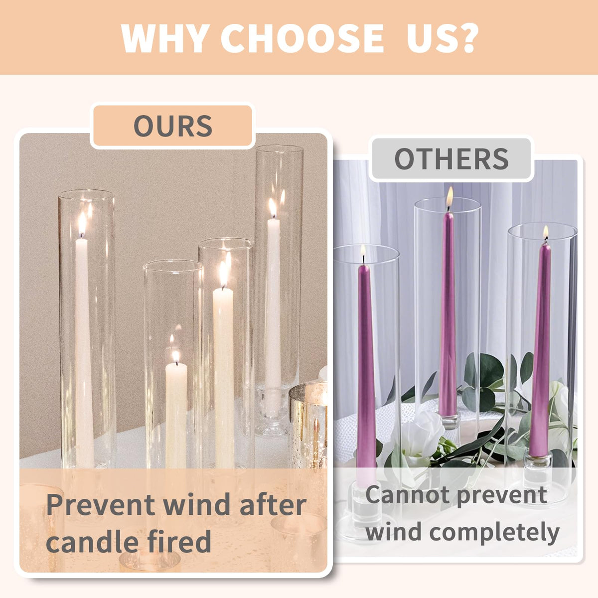 CHILL RECIPE Hurricane Glass Candle Holders-Set of 12 Tall Taper Candle Holder with 14” Tall Clear Cylinder Covers for Wedding Table Centerpiece Home Decor (Floral Base+Clear Chimney)
