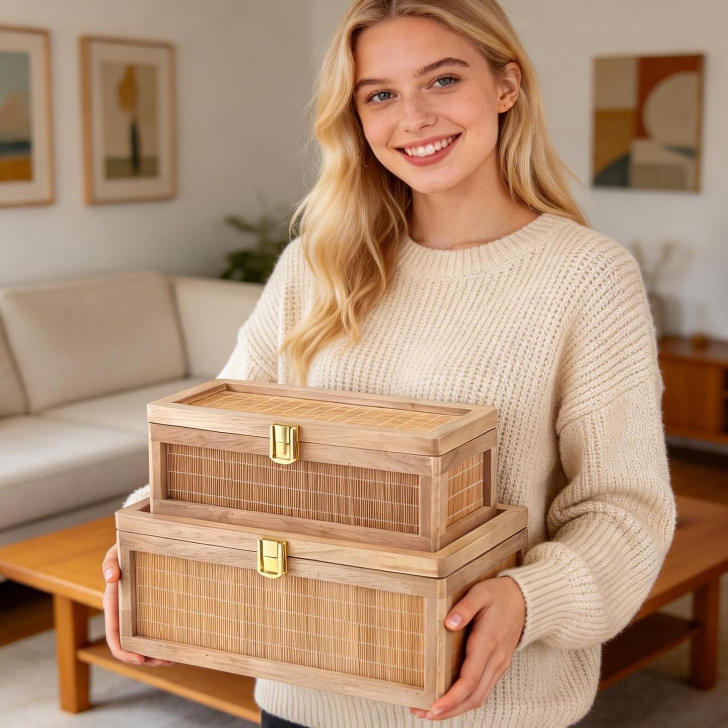 HuiDao Rattan Decorative Box, Boho Display Boxes with Lids, Set of 2 Rectangular Wicker Storage Basket, Natural Woven Cane Bins for Home Decor (Rectangular)