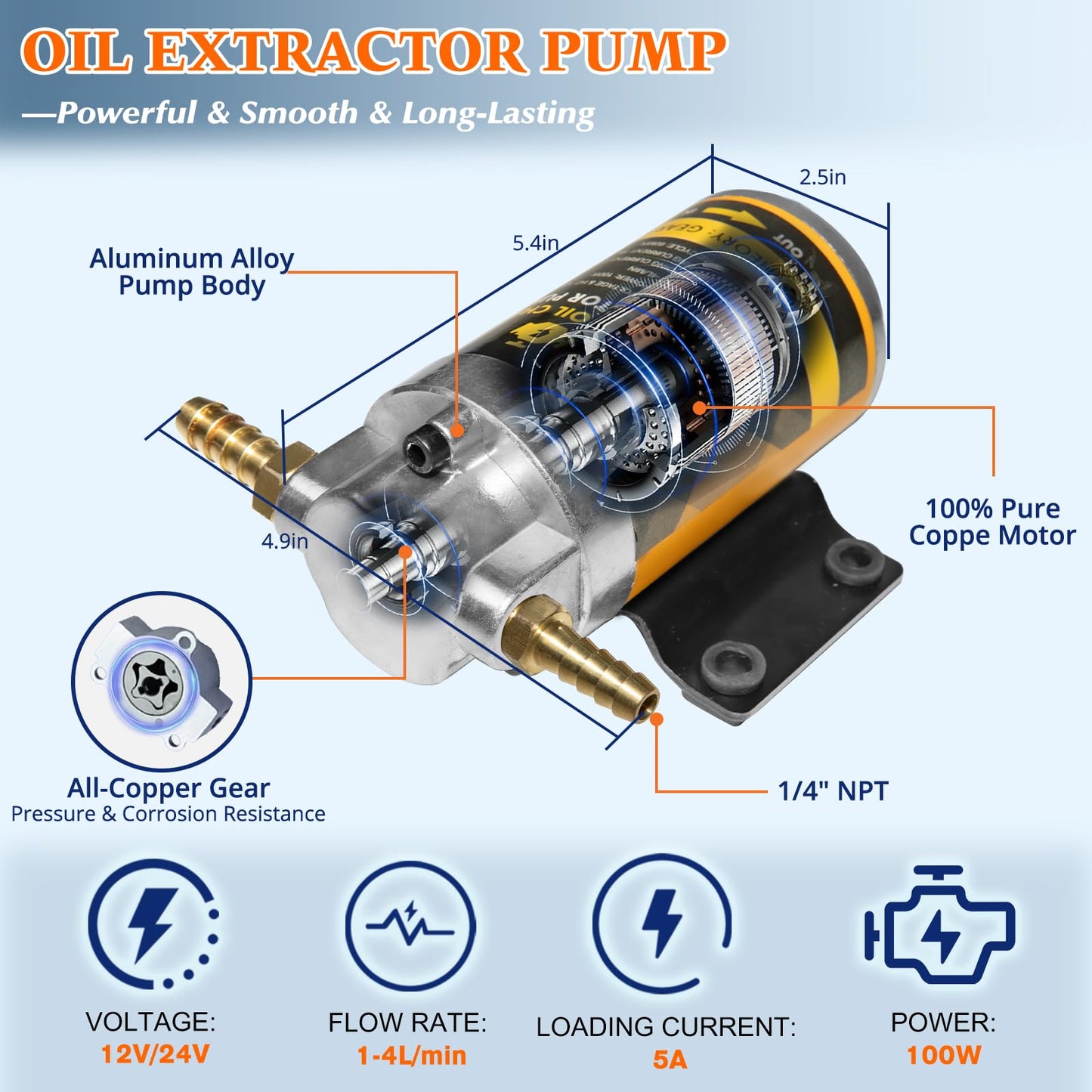 steauty 12V/24V 100W Oil Change Pump Set, Fast 1-4L/min Flow Oil Transfer Pump with Yellow Battery Adapter Compatible with DEWALT 20V/18V Battery, Fluid Transfer for Trucks, Boats, Lawnmowers