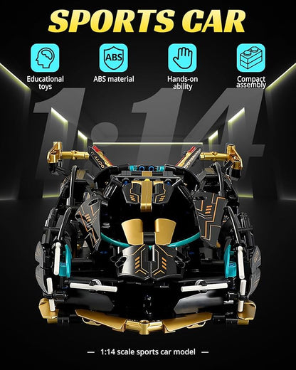 1:14 V12 Technic Super Sports Cars Model Sets - 1314 PCS Black Gold MOC Building Block Car Raceing Engineering Toys - Gift Idea for Adults Boys Girls for Play and Display Collection