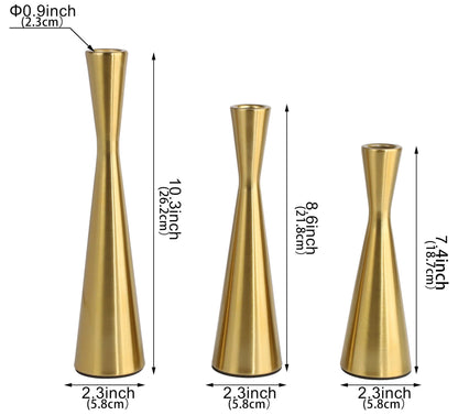 Vixdonos Brass Gold Taper Candle Holders Metal Candlestick Holders Set of 3 Table Mantel Decorative Candle Stand for Dinning,Party，Wedding,Home Decor(Brass Gold)