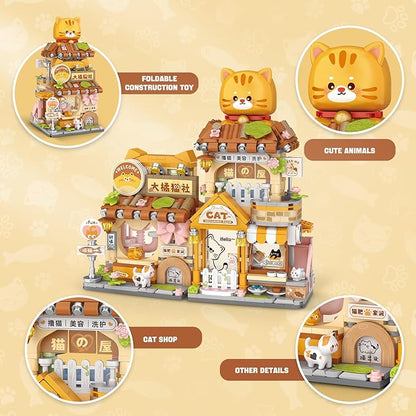 Street View Cute Cat Shop Mini Building Blocks MOC Creative Building Toys Cute Animals Building Set for Girls 6-12 Simulation Architecture Construction Toy Gift Idea for Kids Adults (917 PCS)