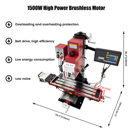 WYDDDARY 110V Mini Precision Milling and Drilling Machine 2HP Brushless, with 33.1"×8.3" Work Table, R8 Spindle 50-2250RPM, X-Axis Power Feed & 3-Axis DRO for Metal Wood DIY
