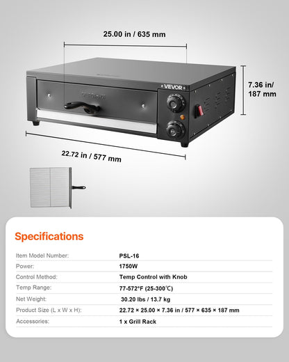 VEVOR Electric Pizza Oven, 16 in Countertop Pizza Oven, 77 to 572°F Temp Range, 1750W Indoor Pizzas Maker w/Timing & Temp Control, Pizzas Cooker w/Dual Heat Tube, Grill Rack, for Kitchen & Commercial