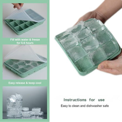 Ice Cube Trays Set of 3, Easy Release 15 Flexible Silicone Ice Cube Molds with Removable Lid Reusable Freezer Ice Trays Stackable for Whiskey, Baby Food, Green
