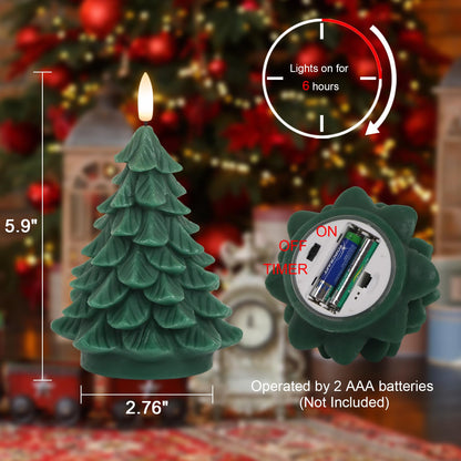 Lasumora Christmas Tree Shaped LED Candles with 6H Timer, 2 Pcs Flameless Pillar Candles Flickering, Battery Operated LED Candle with 3D Flame Wick, Green Candles for Home Décor Christmas Gifts